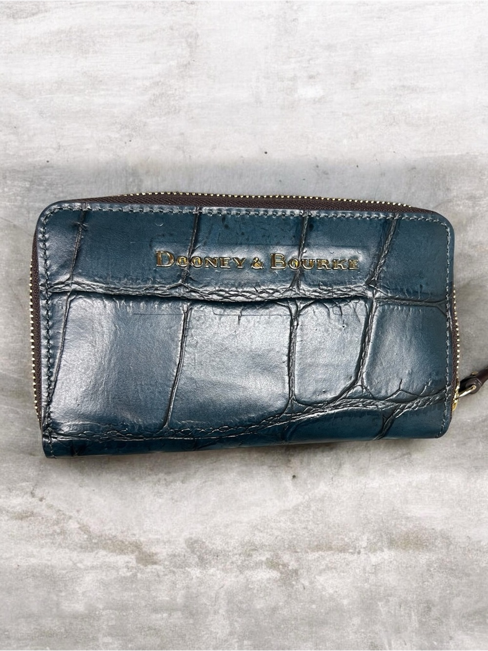Dooney & Bourke Deep Teal Croc-Embossed Zip Wallet with Gold Logo